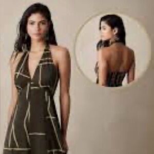 Halter Neck Geometric Print Dress - Olive